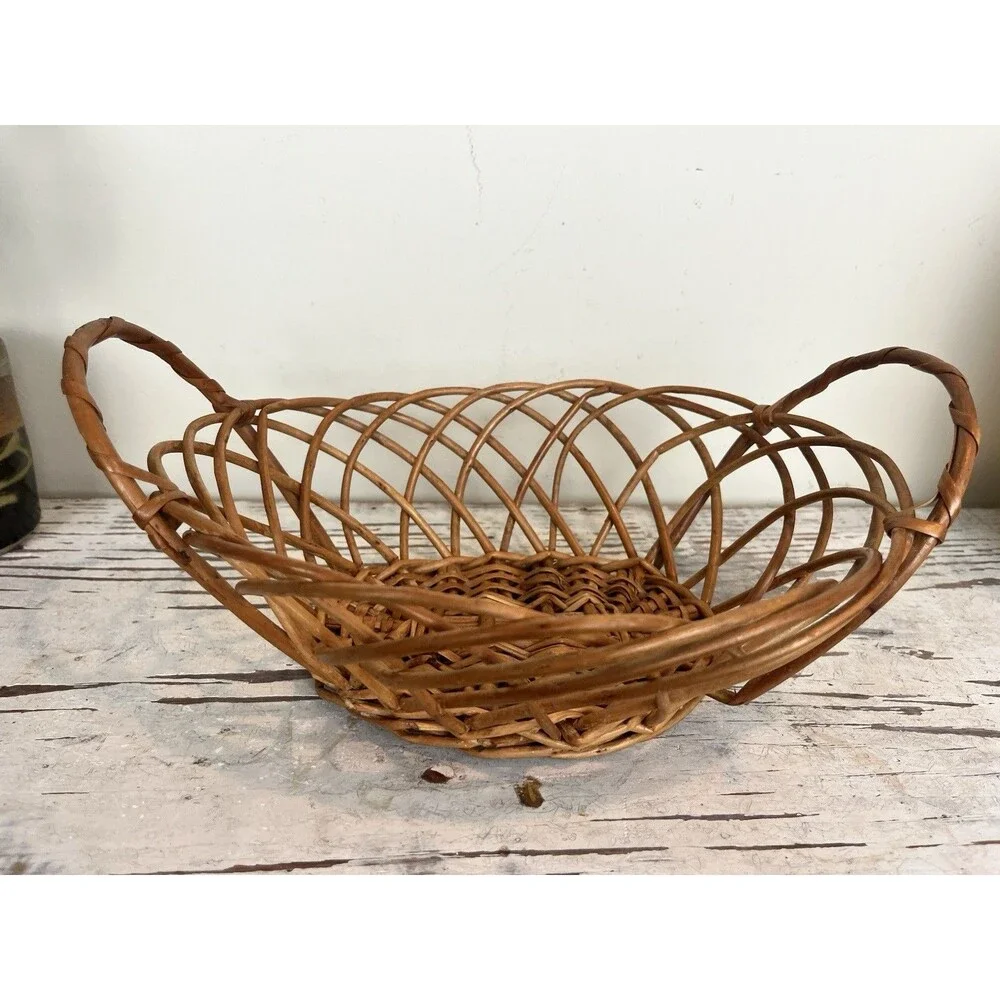 Vintage Woven Wicker Oval Double Handled Bread Basket 11.5” x 8.5” Cottage Home